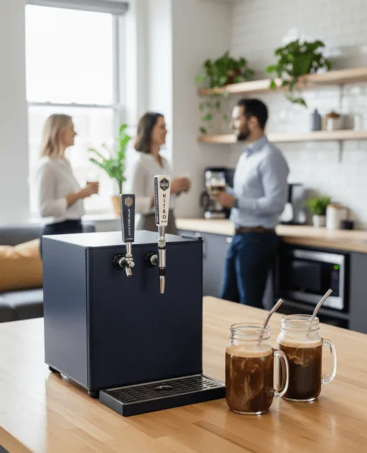 A countertop cold brew kegerator with two taps on an office break room counter, two glasses of nitro cold brew beside it and colleagues talking in the background