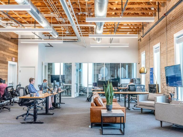 Open-plan office with a relaxed break area